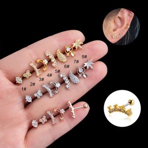 Boucles d'oreilles à breloques en acier inoxydable chirurgical, étoile, cœur, boule, hélice, vis, haltères, tige scintillante, flèche en zircone 0,8, pentagramme, papillon, bijoux à tige