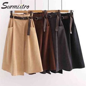 Surmiitro herfst winter midden-lengte rok vrouwen Koreaanse stijl super kwaliteit zwarte hoge taille midi lange rok vrouw met riem 210730
