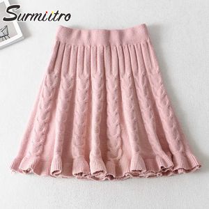 Surmiitro automne hiver épais tricoté mini jupe plissée femme style coréen rose tous match taille haute taille une jupe ligne femelle 210712
