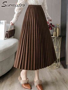 SURMIITRO automne hiver épais laine Midi longue jupe plissée femmes Style coréen mi-longueur taille haute une ligne jupe femme 211120