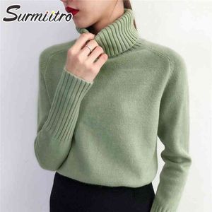 Surmiitro kasjmier gebreide trui vrouwen herfst winter koreaanse turtleneck lange mouw pullover vrouwelijke jumper groen knitwear 210805