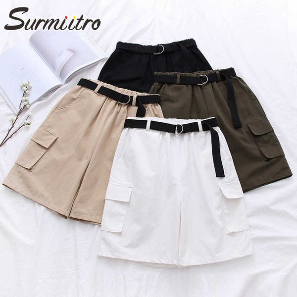 SURMIITRO Coton Casual Summer Style coréen Capris Femmes Pantalons cargo courts Taille haute Shorts Jupes Femme avec ceinture 210712