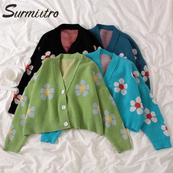 SURMIITRO Floral Tricoté Cardigan Court Femmes Automne Hiver Dames À Manches Longues Cardigan Femme Pull Manteau Vert Tricots 210712