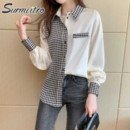 Surmiitro houndstooth shirt vrouwen lente herfst lange mouw Koreaanse chiffon vrouwelijke blouse vrouwelijke chemisiers chemises 210712