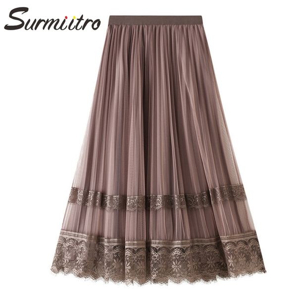 SURMIITRO coréen réversible dentelle velours Tulle longue jupe femmes automne hiver noir taille haute plissée Midi jupe femme 210306