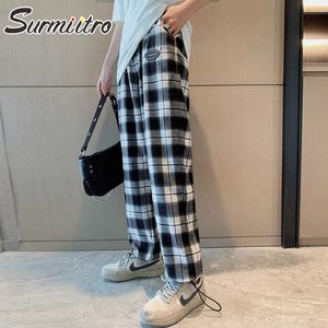 Surmiitro koreaanse stijl plaid lange baggy broek vrouwen mode lente herfst wijde been hoge taille harembroek vrouwen broek 210712
