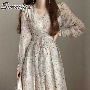 SURMIITRO Robe longue Femmes Printemps Été V Cou Élégant Style Coréen Dames À Manches Longues En Mousseline De Soie Floral Robe De Soirée Femme 210712