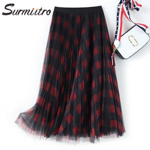 SURMIITRO longue jupe en Tulle femmes pour printemps été Style coréen rouge vert noir Plaid plissé taille haute jupe Midi femme 210712