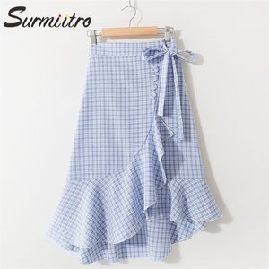 Surmiitro plaid midi rok vrouwen lente zomer koreaans zwart blauw roze ruches midden-lengte hoge taille zon school vrouw 210621