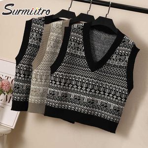 Surmiitro lente herfst gebreide trui vest vrouwen zwarte mouwloze korte vest vrouwelijke Koreaanse stijl chic cropped tops 210712