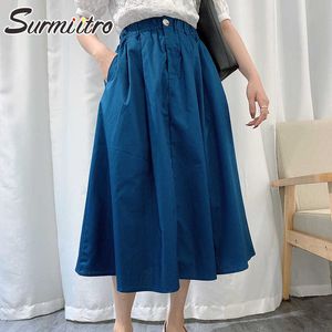 Surmiitro lente zomer katoen midi lange rok vrouwen Koreaanse stijl elegante blauwe middelgrote hoge taille geplooide rok vrouw 210712