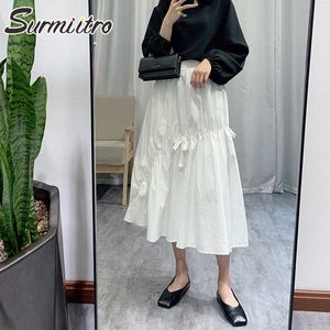 SURMIITRO printemps été coton doux blanc noir jupe mi-longue femmes Style coréen esthétique taille haute jupe longue femme 210712