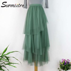 SURMIITRO printemps été irrégulière longue plissée Tulle jupe femmes Style coréen maille taille haute esthétique Maxi jupe femme 210712