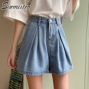Surmiitro zomer blauwe denim shorts vrouwen Koreaanse stijl mode gescheurd holle hoge taille jeans vrouwelijke korte broek 210712