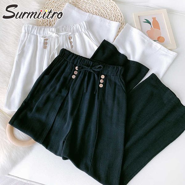 SURMIITRO Verano Algodón Lino Moda Pantalones largos de pierna ancha Mujeres Estilo coreano Negro Blanco Pantalones de cintura alta Mujer 210712