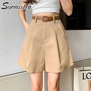 Surmiitro zomer mode khaki zwart wit shorts vrouwen Koreaanse stijl hoge taille wijd been korte broek vrouw met riem 210712