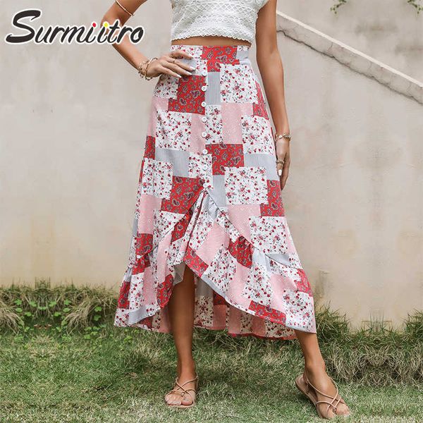 SURMIITRO Verano Moda Largo Boho Falda Mujeres Rosa Rojo Floral Patchwork Estampado Gasa Alta Cintura Maxi A-Line Falda Femenina 210712