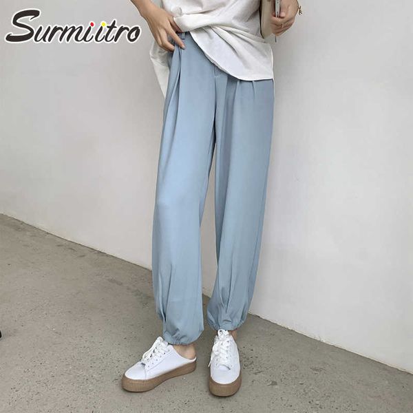 SURMIITRO Summer Fashion Soft Long Harem Suit Pantaloni Donna Nero Blu Stile coreano Pantaloni larghi a vita alta Donna 210712
