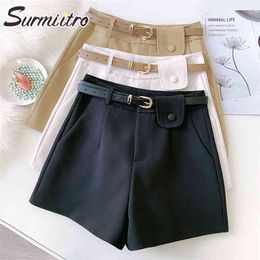 SURMIITRO Sommer Mode Anzug Kurze Koreanische Stil Weiß Schwarz Gelb Hohe Taille Weibliche Kurze Hosen mit Gürtel 210712