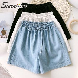 SURMIITRO été mode mince bleu blanc noir Denim Shorts femmes Style coréen taille haute jean femme jambe large pantalon court 210712