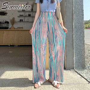 SURMIITRO Summer Flow Couleur Large Jambe Longue Pantalon Plissé Femmes Casual Style Coréen Longueur De Plancher Taille Haute Pantalon Femme 210712