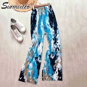 SURMIITRO Été Encre Peinture Tie-Dye Large Jambe Longue Pantalon Plissé Femmes Coréen Bleu Longueur De Plancher Taille Haute Pantalon Femme 210712