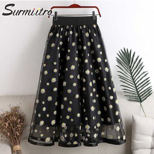 SURMIITRO Summer Midi Tulle Jupe Femmes Style Coréen Élégant Noir Mesh Marguerites Floral Mi-Longueur Taille Haute Jupe Femme 210712