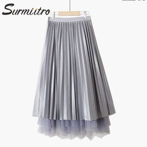 Surmiitro zomer omkeerbare lange geplooide tule rok vrouwen Koreaanse stijl mesh hoge taille esthetische midi rok vrouw 210712