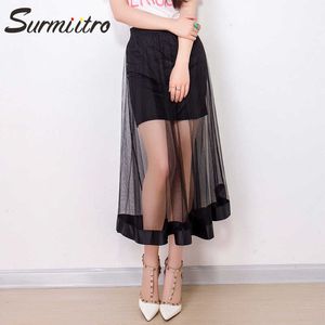 SURMIITRO été voir à travers longue jupe en Tulle femmes Style coréen noir maille taille haute Maxi une ligne jupe plissée femme 210712