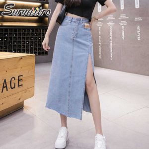 Surmiitro zomer side spleet midi lange denim rok vrouwen Koreaanse stijl blauwe mode midden-lengte hoge taille jeans rok vrouwelijke 210712