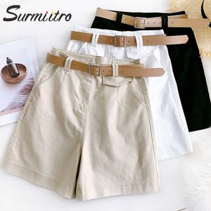 Surmiitro zomer wide been capri vrouwen Koreaanse stijl ins mode elastische katoen hoge taille vrouwelijke korte broek met riem 210712