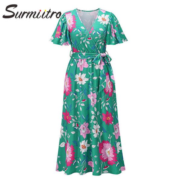 SURMIITRO cuello en V vestido largo de verano de moda de mujer manga corta de mariposa estampado Floral túnica playa fiesta Midi vestido de verano femenino 210712