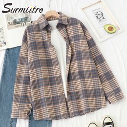 SURMIITRO Vintage Plaid Shirt Vrouwen Lente Herfst Lange Mouw Koreaanse Vrouwelijke Blouse Vrouwelijke Chemisiers Chemises 210712