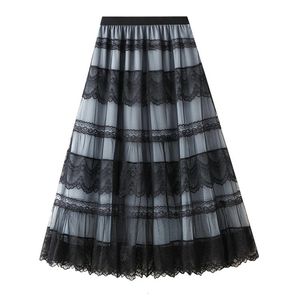 SURMIITRO femmes Maxi dentelle Tulle jupe Vintage élégant une ligne taille haute à plusieurs niveaux Tutu maille longue femme dames 240106