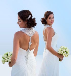 Surplice Bodice Sweetheart Halter krist Crystal Shinning Mermaid Wedding Jurken Slim Draped Sweep Train Beach Bridal Jurken4895269