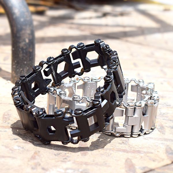 Bracelets de survie Outils d'extérieur multifonctionnels pour hommes en acier inoxydable 29 combinés avec un anneau à une main Ornements en métal pour les amoureux européens et américains