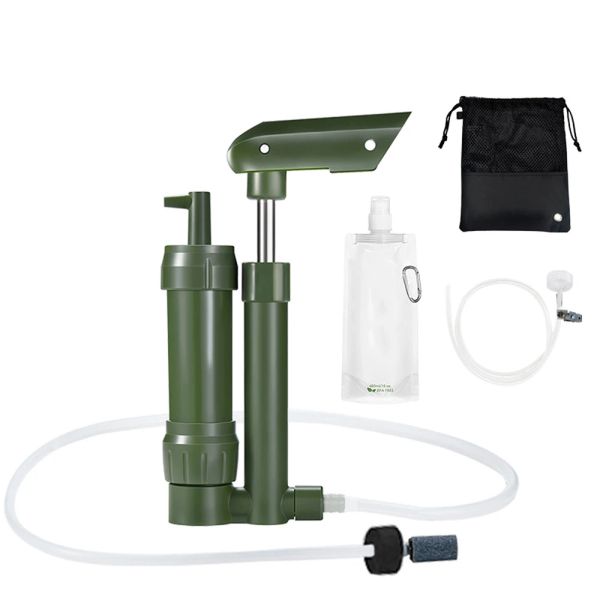 Survival Pump à main filtre à eau 3stage Camping Water Purificer Filtration System Survival with Water Sac for Outdoor Camping Adventure