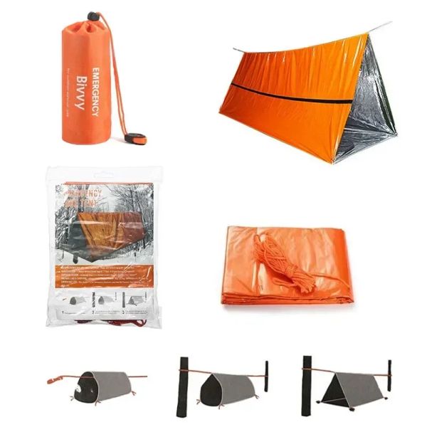 Abri tubulaire réutilisable pour personne en plein air, tente de survie étanche en Mylar, Bivy 2 couvertures, Kit thermique, sac de couchage d'urgence