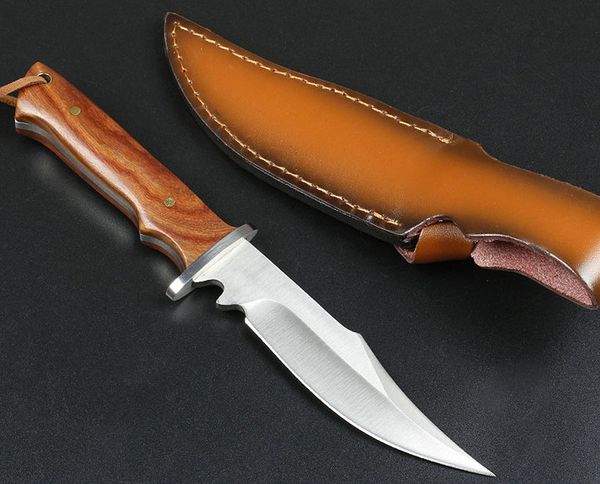 Cuchillo recto de supervivencia 440C Satin Drop Bowie Blade Full Tang Mango de madera dura Cuchillas fijas para exteriores Cuchillos de caza con funda de cuero
