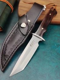 Couteau droit de survie 7Cr13Mov Satin Tanto Point Lame Full Tang Manche en bois Extérieur Couteaux de chasse à lame fixe avec gaine en cuir