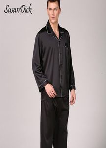 SUSANDICK Black Silk Pajamas Sets Men Spring Automne Automne Luxury Variot Sorongée Satin Long Man Man G manche solide Vêtements de maison décontractés Pijama2757868