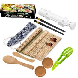 Kit de fabrication de sushis Bazooka avec tapis en bambou, baguettes, trancheur d'avocat, couteau à palette, Machine à rouleaux DIY 240304