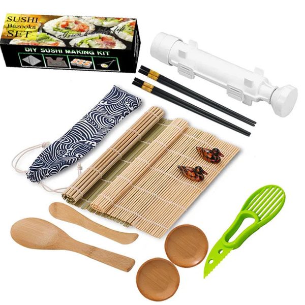 Kit para hacer sushi Bazooka con esteras de bambú Palillos Rebanador de aguacate Cuchillo de paleta Máquina de rodillos DIY 240304