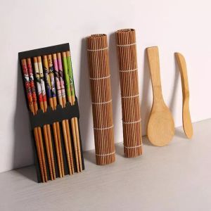 Outils de fabrication de sushis, Kit de sushis en bambou comprenant 2 tapis roulants, 1 palette, 1 épandeur, 5 paires de baguettes, nouveau