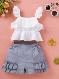 Set de niñas de suspender 2024 Nuevo chaleco de moda para niños de estilo occidental, pantalones cortos de verano para niñas, set de 2 piezas para niños