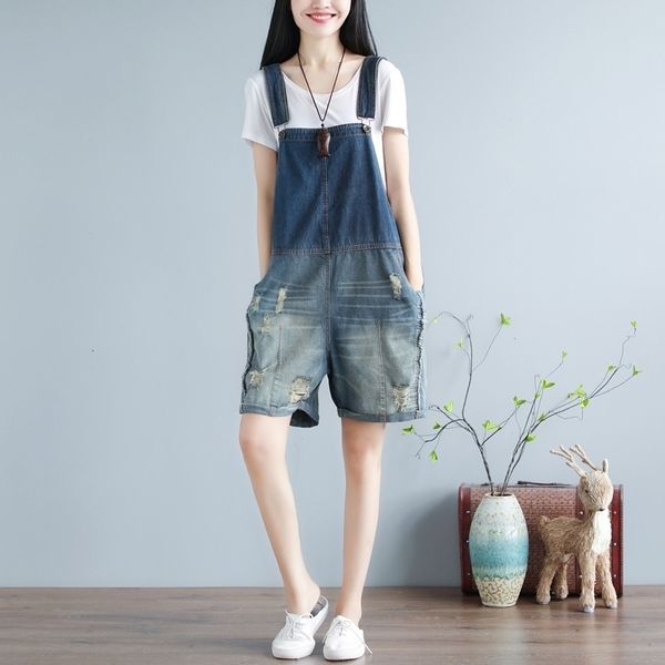 Jarretelles Jumpsuit Shorts Ripped Jeans One Piece Combishort Femme Salopette Denim Romper Baggy Bib Strap Salopette Été 2020 Lady T200704