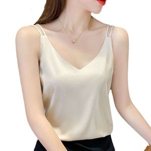 Chaleco con tirantes, top de satén blanco para mujer, camiseta pequeña con diseño de parte inferior con cuello en V de verano