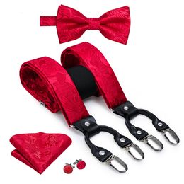 Suspenders 100 Silk volwassen heren voor mannen Leather Metal 6 Clips Braces Classic Red Floral Vintage Elastic and Bow Tie 230217