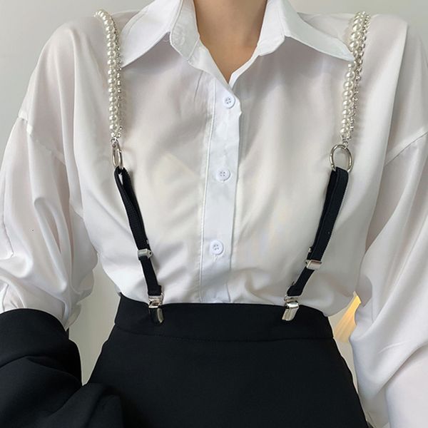 Tirantes 3 Clips Cinturón de cadena de perlas para mujer Pantalones elásticos Pantalones Medias Correa Liga ajustable 230217