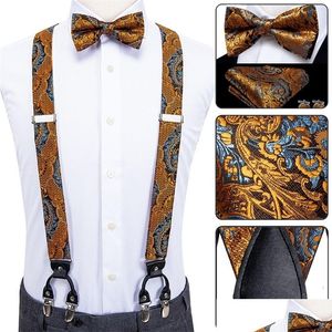 Suspenders Luxe zijde ADT Mens Leather Metal 6 Clips Braces Braces Wedding Party Bow Tie en Vintage Elastic Men 220812 Drop Delivery Fashio DHJMS